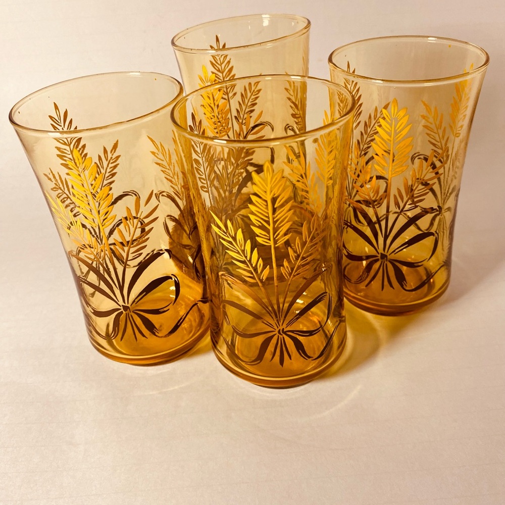 Vintage Libby Gold Wheat Harvest Pattern Glasses Tumblers 6 3/8 in Set Of 4